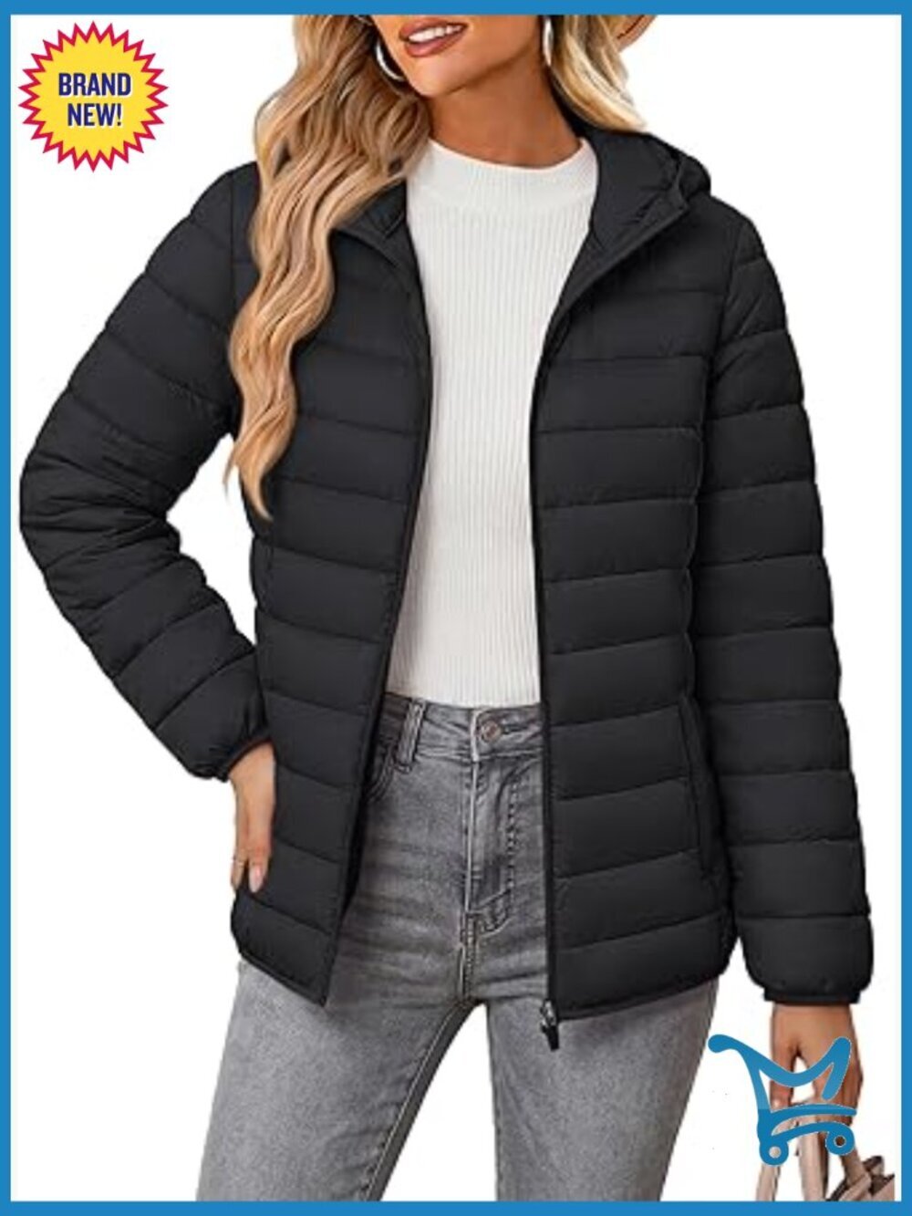 Hooded Puffer Jacket Lightweight Quilted Winter Coat Zip-up 4 Pockets